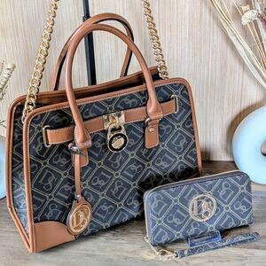 Brown and Black Designer Handbag and Wallet Set